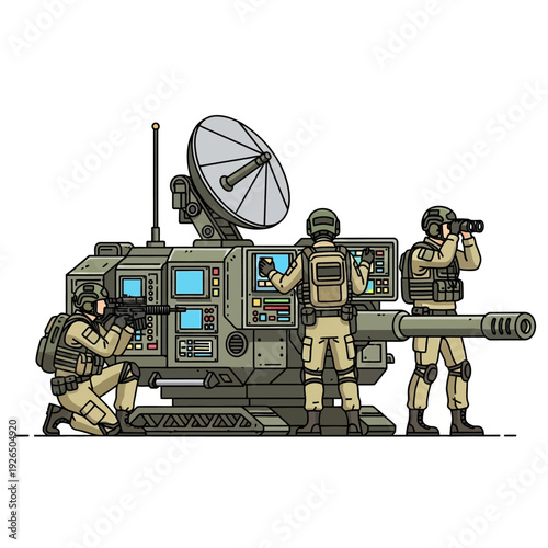 Military Unit Operating Advanced Radar Artillery System with Soldiers and Weapons