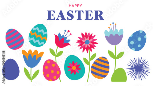 Colorful Easter eggs and flowers celebrate the holiday cheerfully