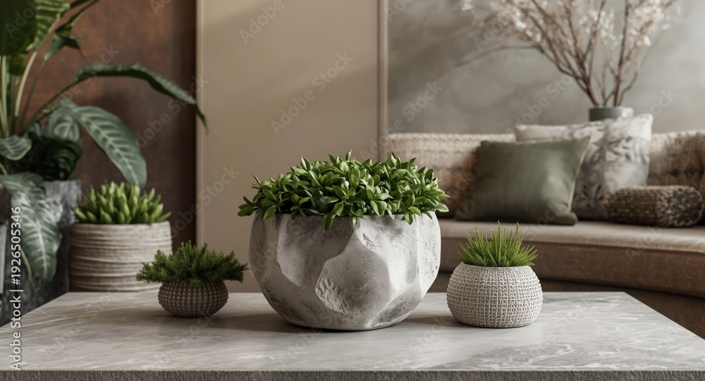 Obraz premium Sophisticated living room vignette with cement sculpture pot and natural elements
