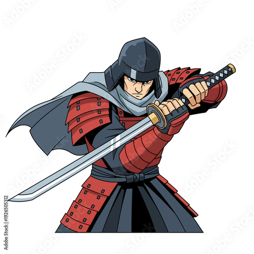 Samurai Warrior Holding Katana Sword in Red Armor, Japanese Warrior