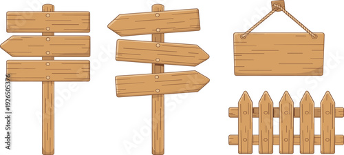Wooden signage and fence illustration set featuring rustic designs with arrows, planks, hanging boards, and picket fence elements symbolizing maps, navigation, outdoor signage, and adventure graphics