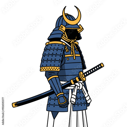 Samurai warrior in blue armor with katana sword, isolated on white background