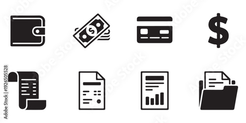 Business finance icons including wallet cash dollar sign report documents and folder for management