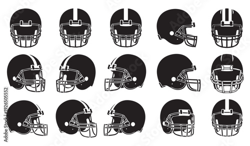 Collection of Black American Football Helmets with Stripes, Showing Variety and Team Spirit