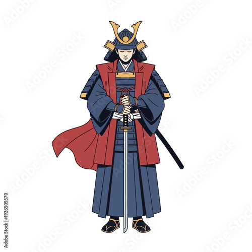 Samurai Warrior in Traditional Armor Holding Katana Sword Isolated on White Background