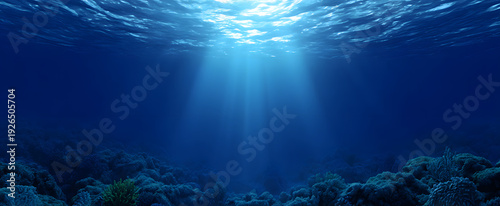 Panel kuchenny z motywem The deep ocean blue evokes a serene and expansive underwater environment.