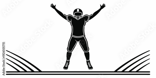 Silhouette of a victorious American football player with arms raised in triumph on a sports field