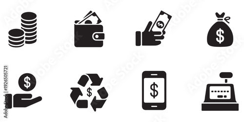 Collection of black finance and money icons for mobile applications and websites