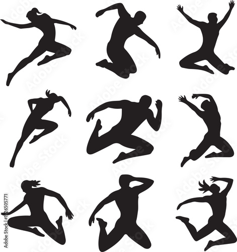 set of black silhouettes of people jumping and dancing in different poses
