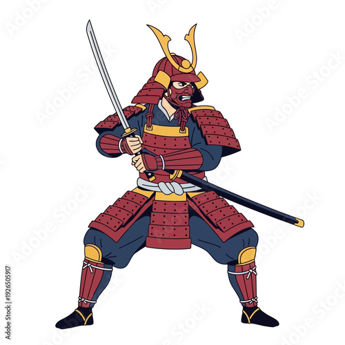 Samurai Warrior in Traditional Armor with Katana Sword, Ready for Battle