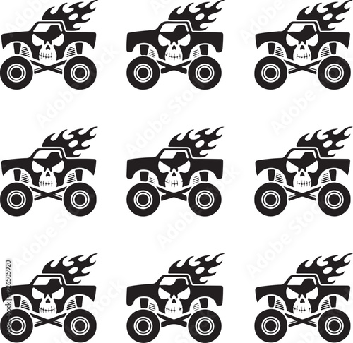 monster truck skull flame icons on white background
