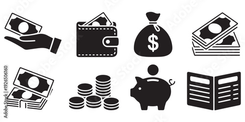 Money, wallet, coins, and piggy bank black vector icons. collection of payment signs and symbols