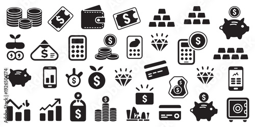 Finance and money vector icon set. collection of currency, banking, business, and investment symbols