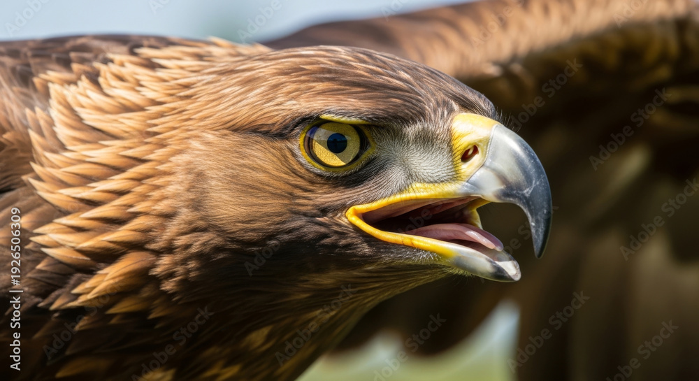 Fototapeta premium Close-up of a Majestic Golden Eagle, Showcasing Detailed Feathers and Striking Yellow Eyes in a Natural Setting