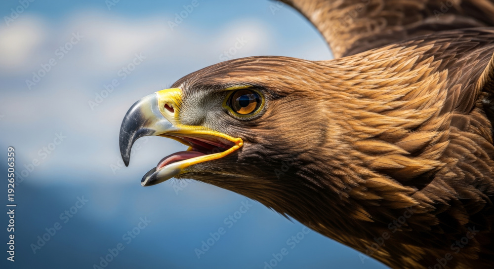 Obraz premium Majestic Golden Eagle in Mid-flight, Displaying Its Powerful Beak and Piercing Gaze Against a Blurred Background