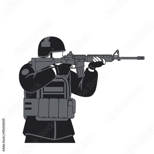 Soldier aiming rifle weapon, tactical gear, military action, security force, combat readiness