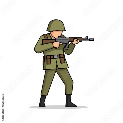 Soldier Aiming Rifle, Military Combat Uniform, Action Pose, Vector Illustration