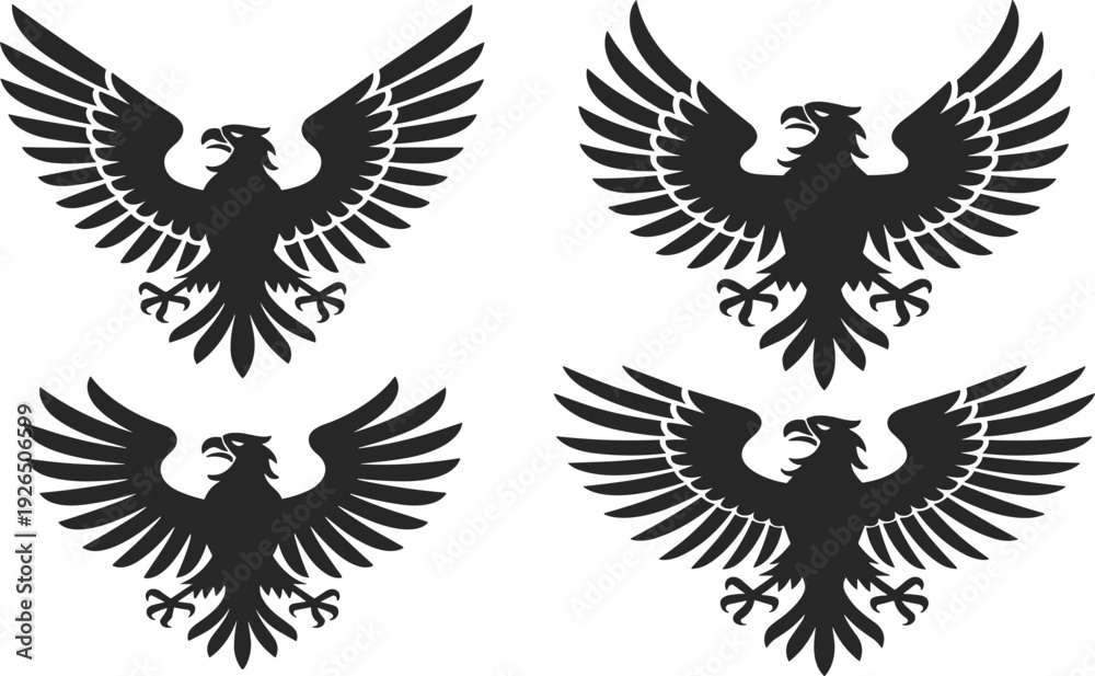 Fototapeta premium Black eagle silhouette vector set, for heraldic crest design, predatory bird mascot, and powerful wildlife symbol