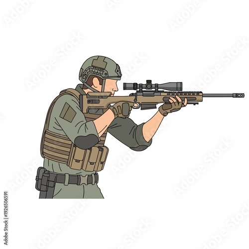 Soldier aiming sniper rifle with scope, military combat illustration