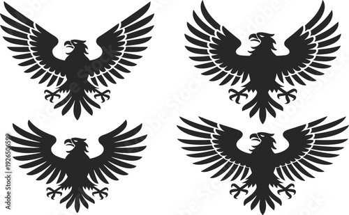 Black eagle silhouette vector set, for heraldic crest design, predatory bird mascot, and powerful wildlife symbol
