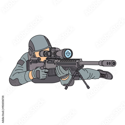 Soldier aiming sniper rifle, tactical gear, military, combat, camouflage uniform, action pose