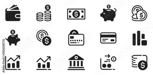 Finance and banking icons set including wallet coins money piggy bank credit card calculator charts bank
