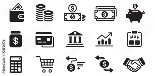 Business and finance icons collection with calculator shopping cart money transfer handshake savings piggy bank