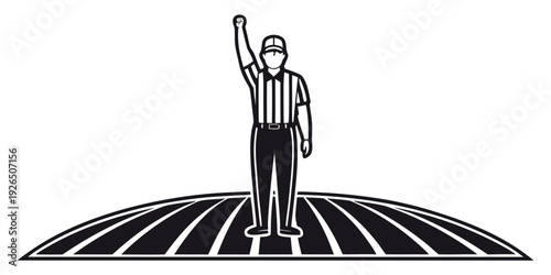 American football referee standing on a stylized field, raising fist in victory signal, classic illustration
