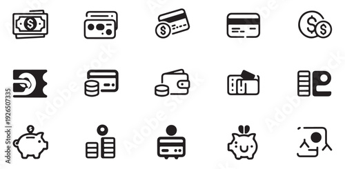 Online payment and banking outline icons for ecommerce and electronic transactions including cards
