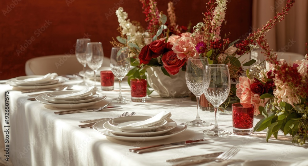 Fototapeta premium Summer ambiance table setting with white and red linens for decorative use