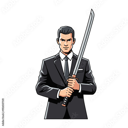 Businessman holding a katana sword, symbolizing power, strategy, and decisive action.