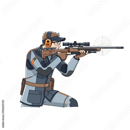 Archer aiming rifle, competitive sport, precision shooting, focused athlete, outdoor activity