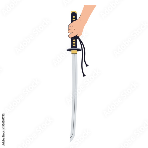 Hand holding a Japanese katana sword, illustration, white background