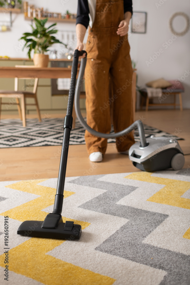 Fototapeta premium young woman cleaning her cozy apartment while enjoying her day