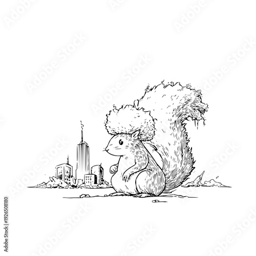 City squirrel with fluffy tail sitting in front of urban skyline with skyscrapers