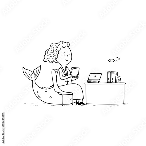 Mermaid in business attire sits at office desk with laptop and books daydreaming