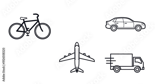 Transportation icons set with bicycle, car, airplane and delivery truck, line style