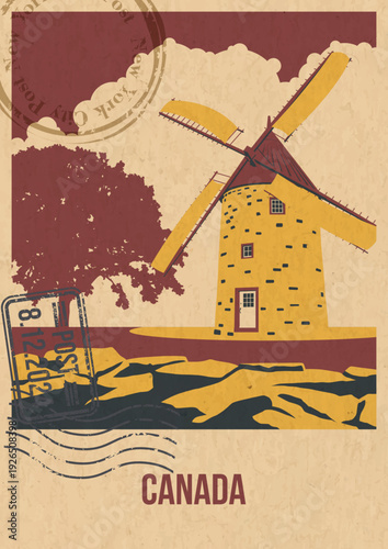 Canada Attraction Postcard, Traditional Quebec Windmill Illustration, Vector Template Retro Style Greeting Card. Postal Imprint, Aged Paper Texture
