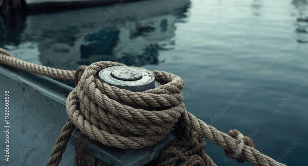 Fototapeta premium Sturdy rope coiled around a boat's cleat with another boat visible on the water behind