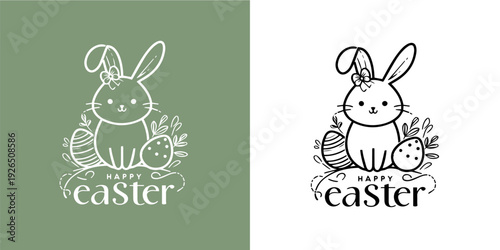 Happy Easter Bunny Vector Illustration, Cute Rabbit with Eggs, Spring Holiday, Black and White Line Art Design