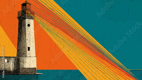 A tall, aged lighthouse on the coast, with a vibrant, geometric background