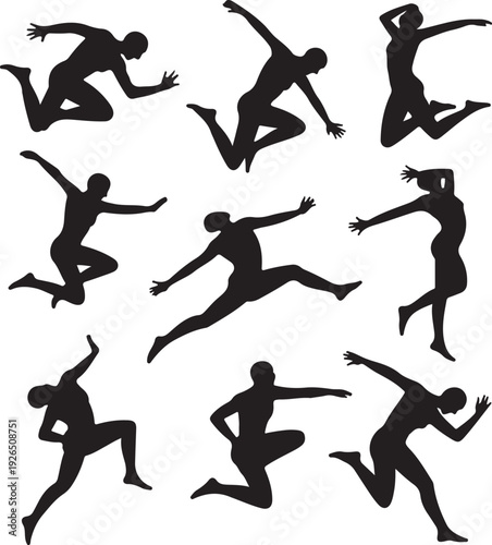 set of jumping people silhouettes in various poses
