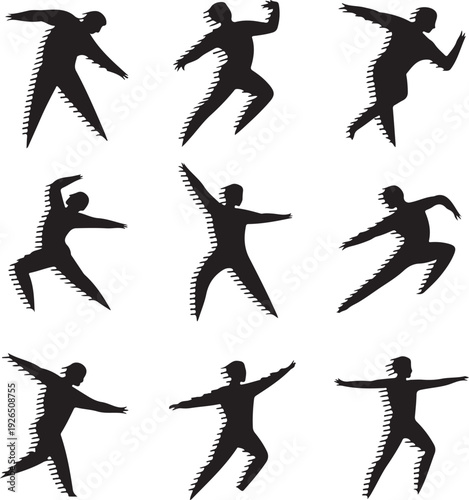 set of human silhouettes in various dance poses on white background