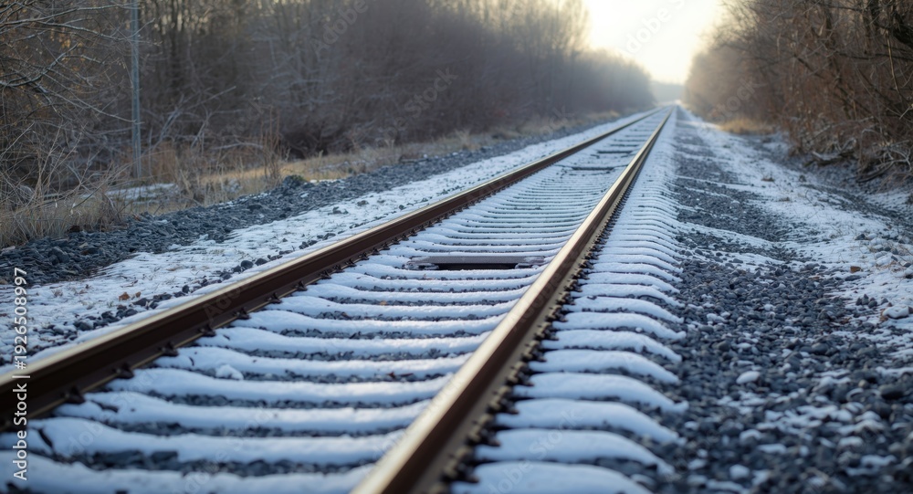 Obraz premium Rural railway tracks covered with snow on a frosty winter morning