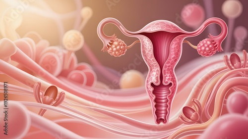 Female reproductive system anatomy illustration, uterus and ovaries medical concept, gynecology, fertility and menstrual health education, healthcare science background