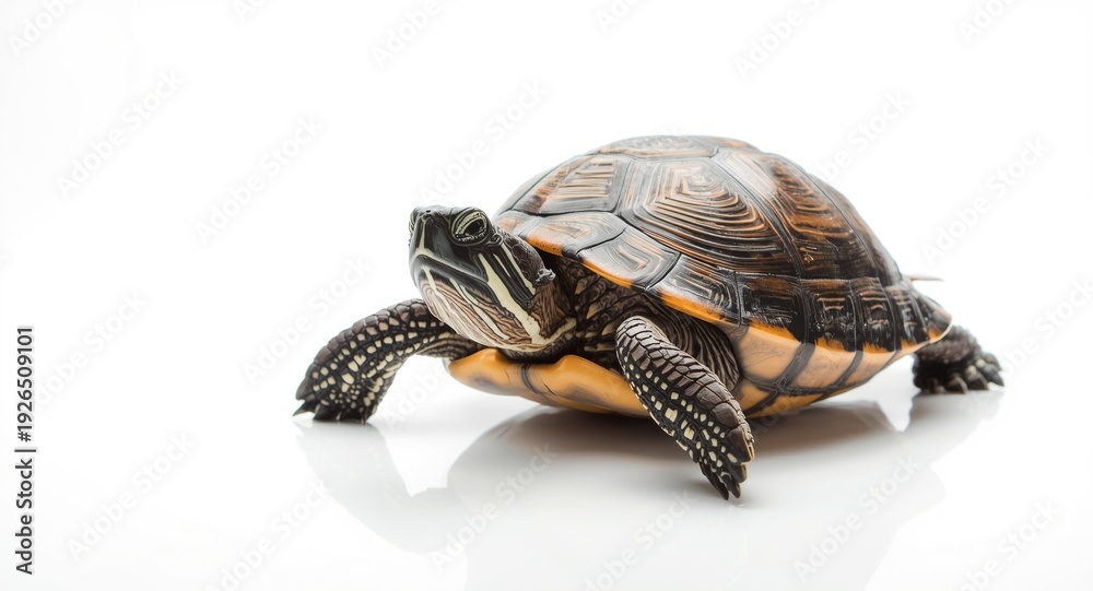 Obraz premium Single turtle posed against a bright white surface