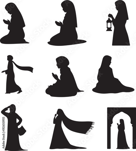set of black silhouettes of muslim women in various poses and activities