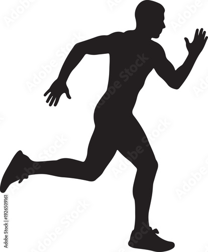 Dynamic silhouette of a male runner in mid-stride, conveying speed, athleticism, and the pursuit of fitness and competition.