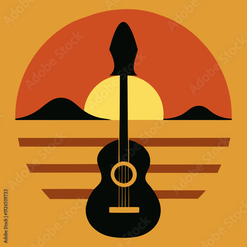 Tropical sunset silhouette illustration with guitar