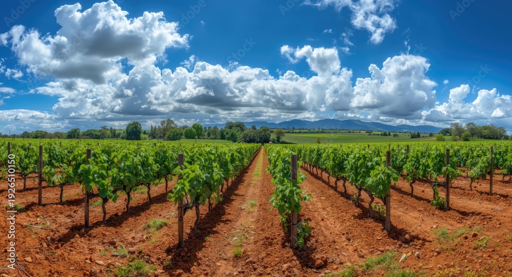 Naklejka premium Panorama emphasizing the fertile volcanic earth supporting healthy grape production under sunshine
